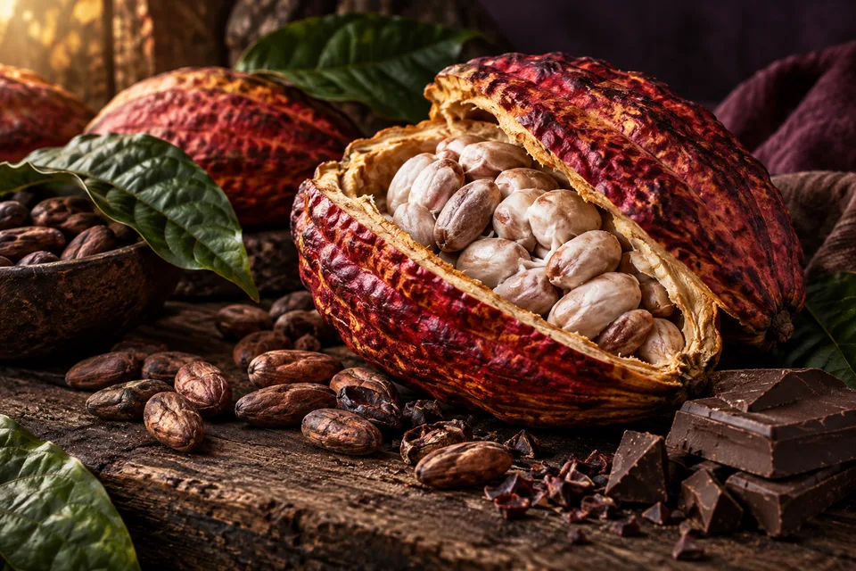 AI editorial still life of cacao pods, beans and chocolate, not a documentary image of a named farm
