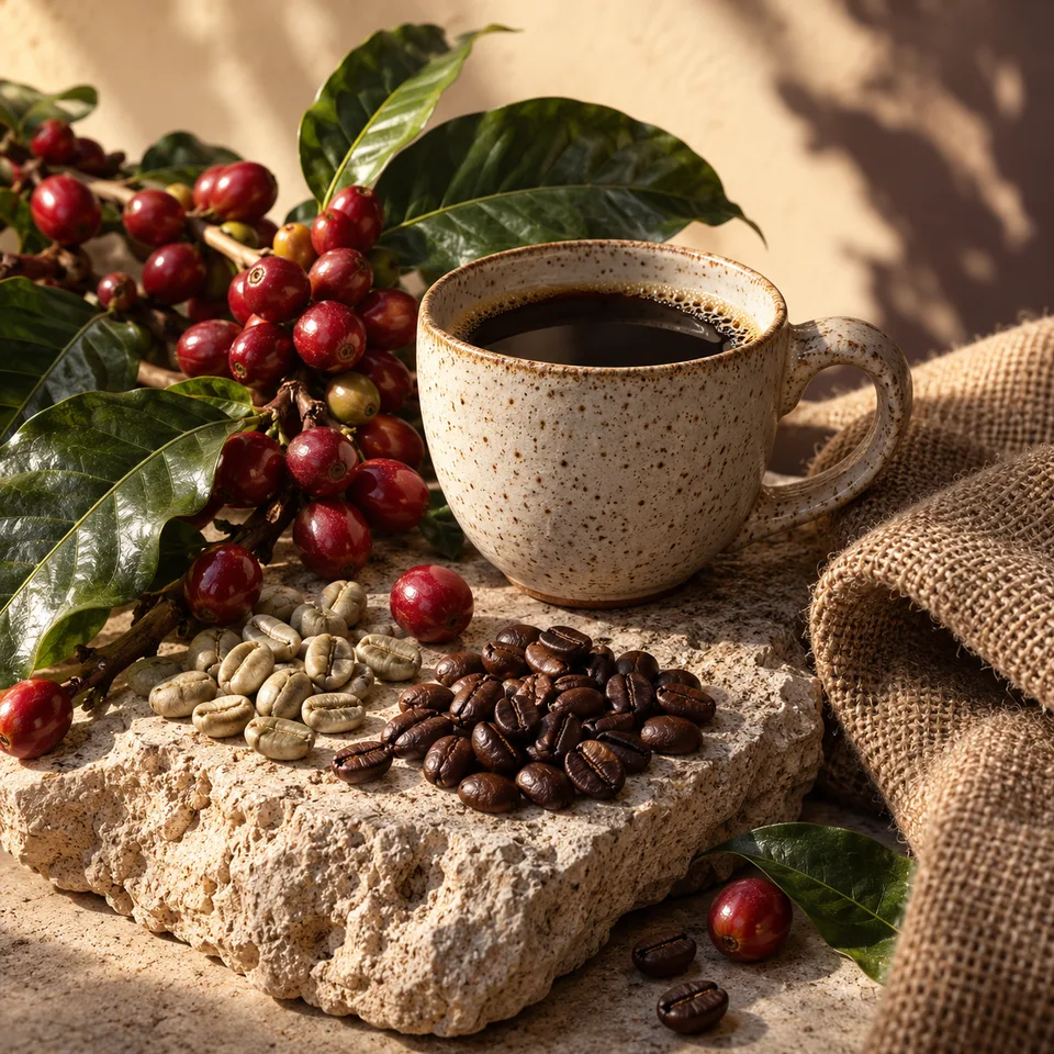 AI still-life illustration of coffee cherries, green beans, roasted beans and a cup
