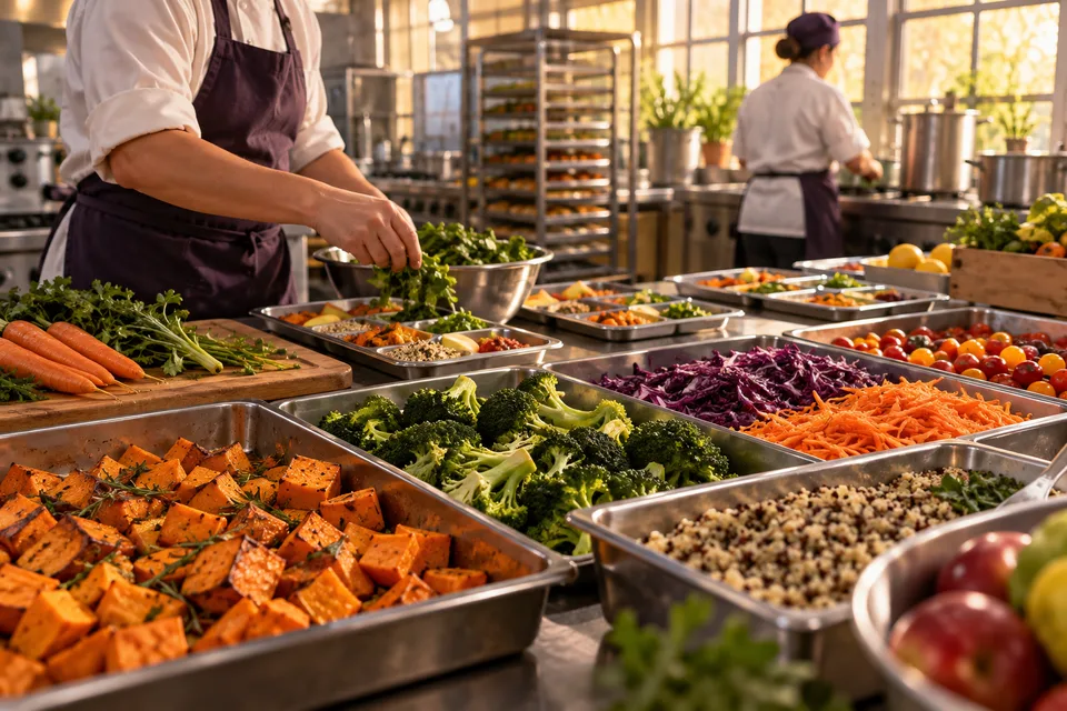 AI editorial still life of a school meal and procurement papers, not a photograph of children or a surveyed program
