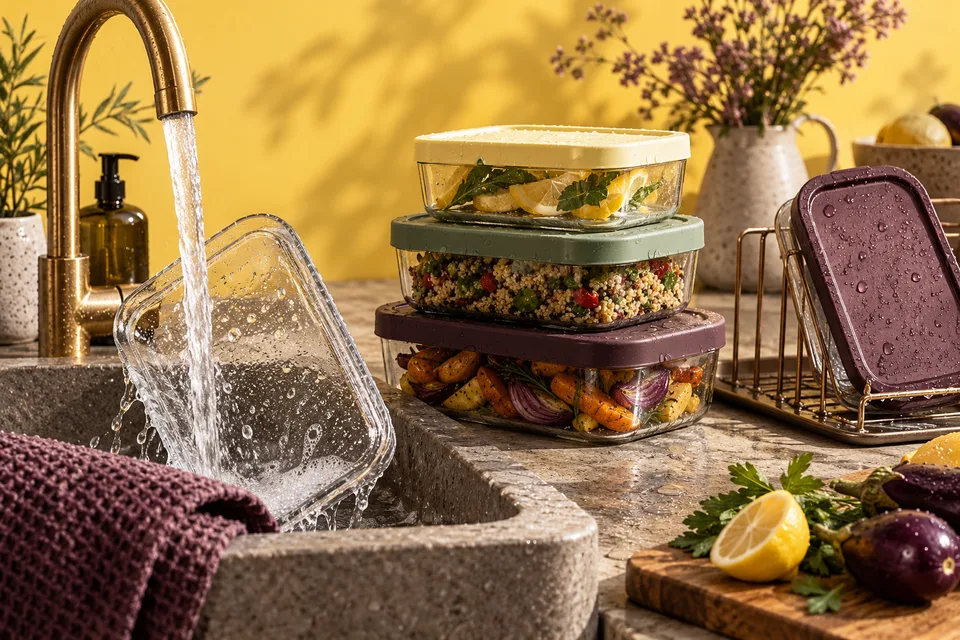 AI editorial illustration of a reusable food container moving through a return loop, not operating data from a real service