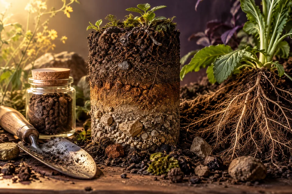 AI editorial cutaway of soil layers and roots, not a sample from a surveyed field